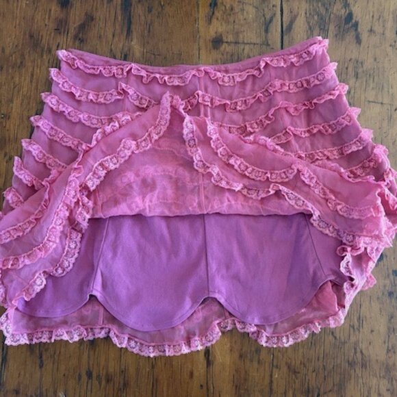 Vintage 90s Betsey Johnson New York Pink Silk & Ruffled Lace Mini Skirt - Picture 3 of 10